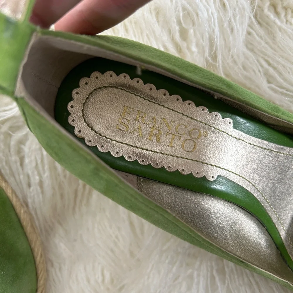 Franco Sarto Green Suede Espadrille Wedge Sandals Size 9M‎
